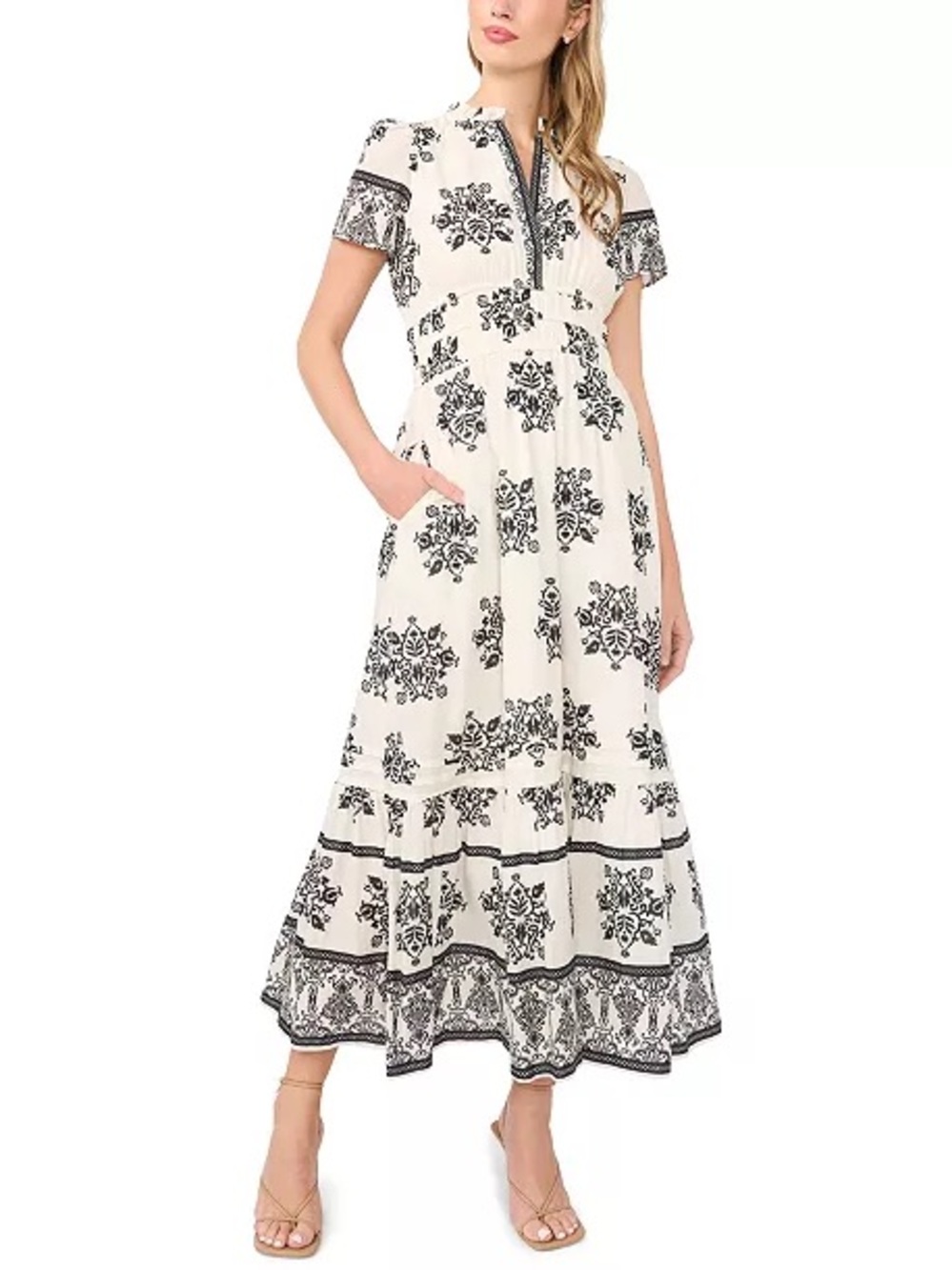 Cece Women's V-Neck Printed Cotton Maxi Dress in size S